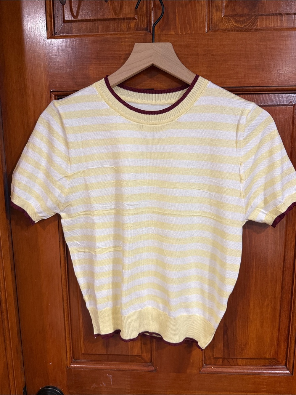 Yellow & White Striped Short Sleeve Knit Top with Burgundy Trim